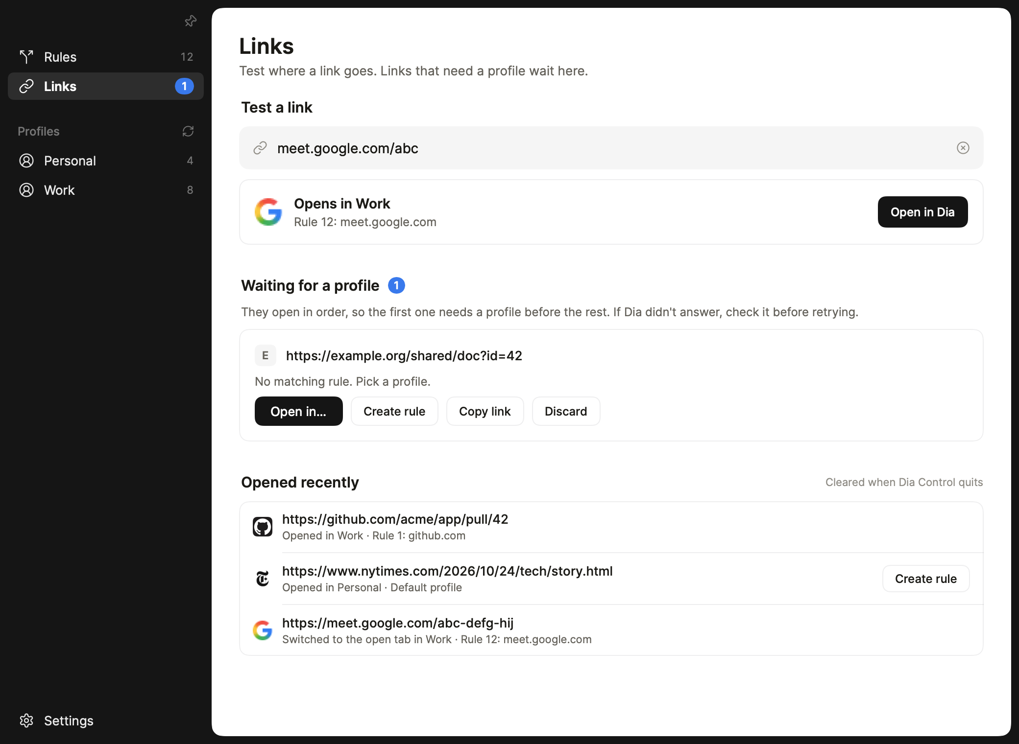 The Links page: a link test, links waiting for a profile, and links opened recently with a Create rule button.