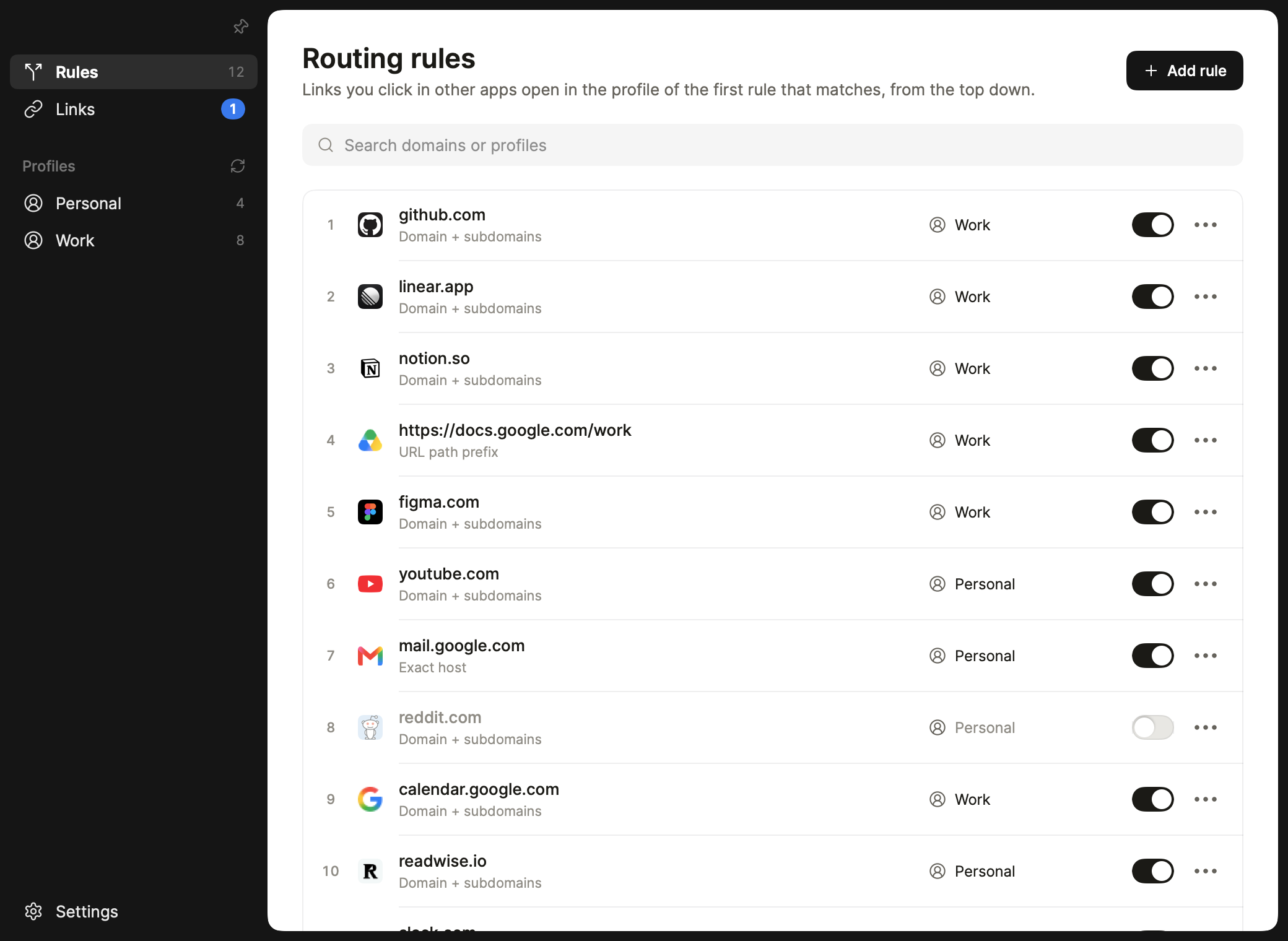 Dia Control on Mac, showing rules such as github.com to Work and youtube.com to Personal.