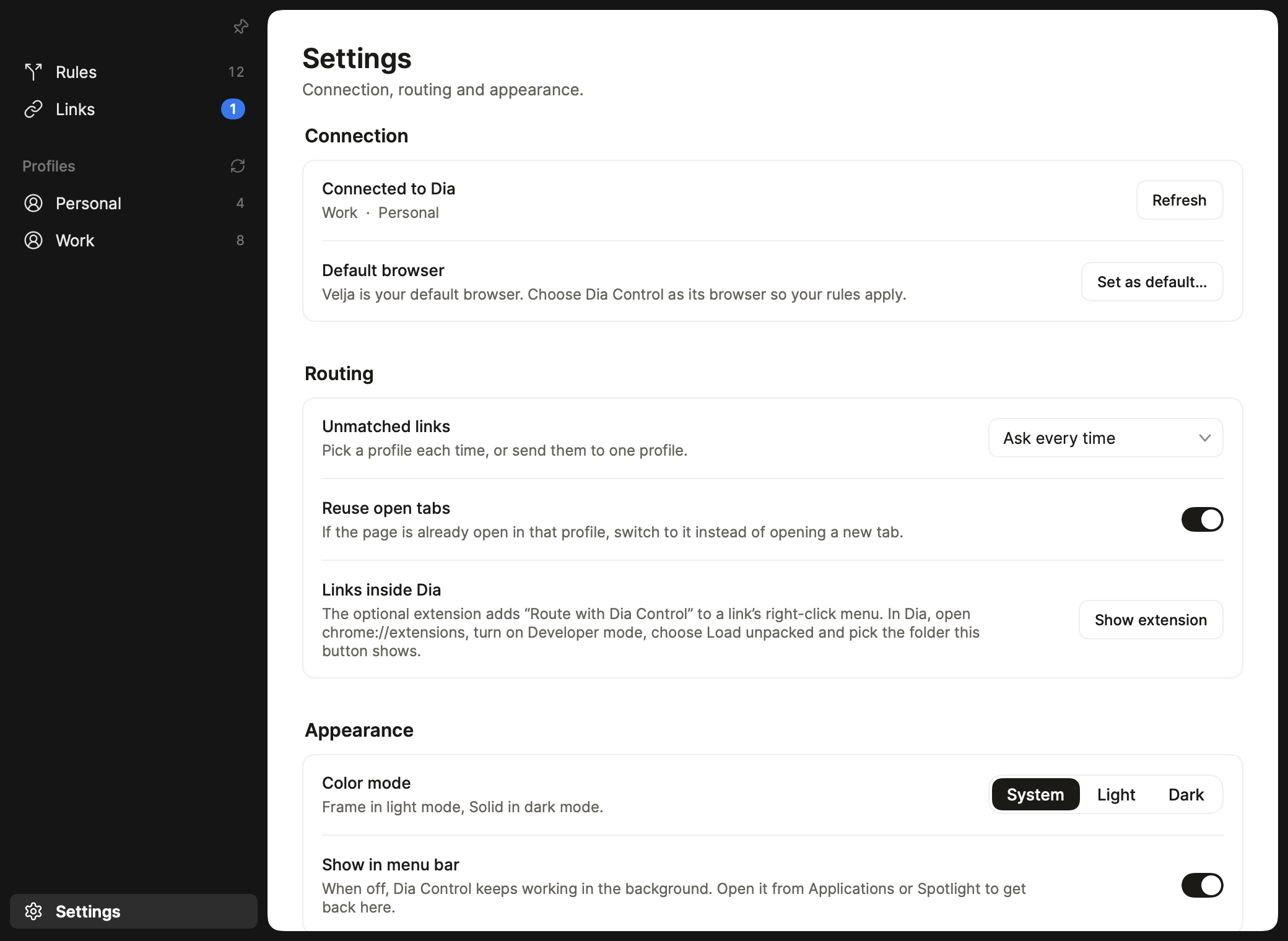Settings: connection to Dia, default browser, unmatched links and color mode.